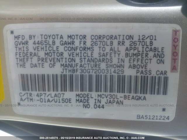 JTHBF30G720031429 - 2002 LEXUS ES 300 BEIGE photo 9