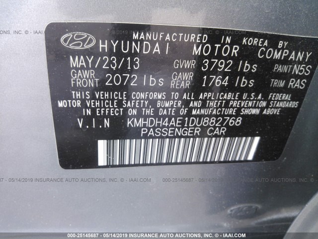 KMHDH4AE1DU882768 - 2013 HYUNDAI ELANTRA GLS/LIMITED GRAY photo 9