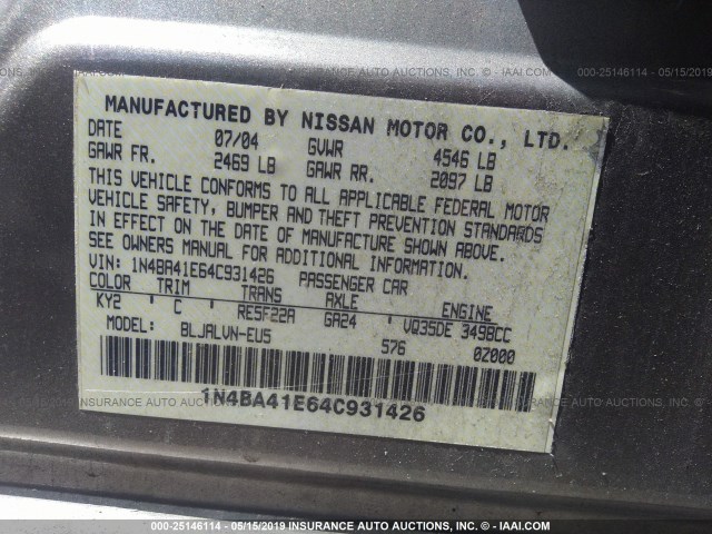 1N4BA41E64C931426 - 2004 NISSAN MAXIMA SE/SL Champagne photo 9