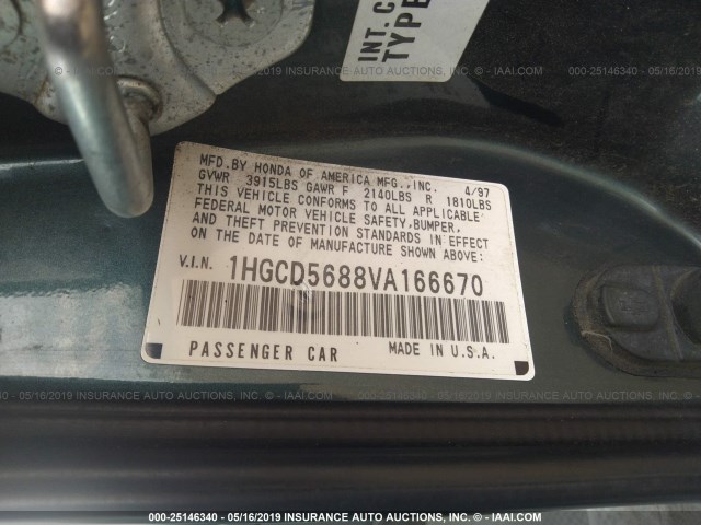 1HGCD5688VA166670 - 1997 HONDA ACCORD VALUE GREEN photo 9