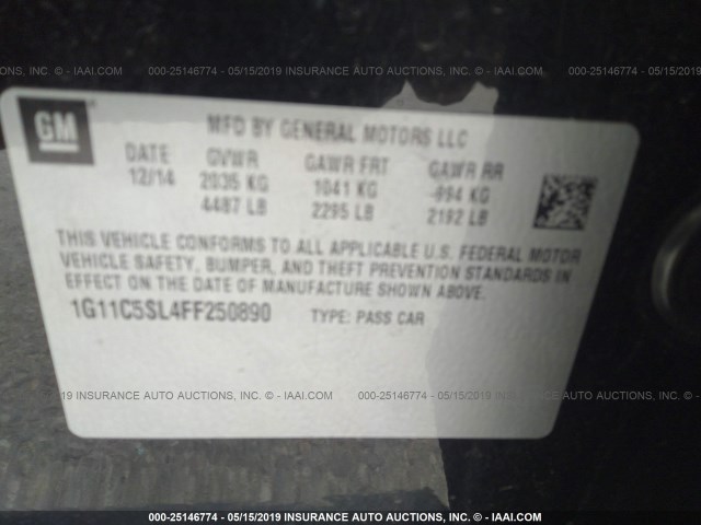 1G11C5SL4FF250890 - 2015 CHEVROLET MALIBU 1LT 黑色 照片 9