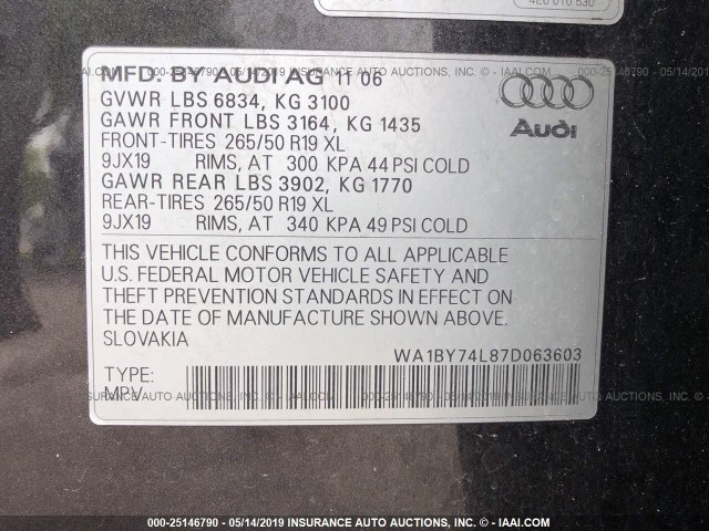 WA1BY74L87D063603 - 2007 AUDI Q7 3.6 QUATTRO PREMIUM GRAY photo 9