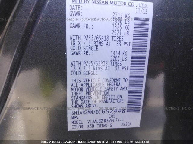 5N1AR2MN7EC652448 - 2014 NISSAN PATHFINDER S/SV/SL/PLATINUM GRAY photo 9