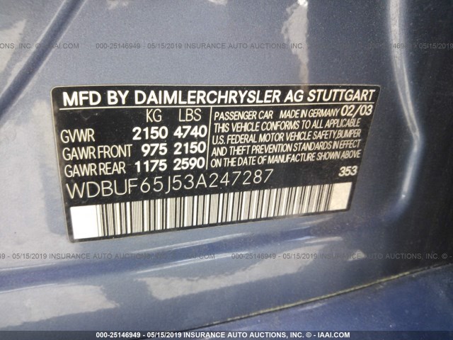 WDBUF65J53A247287 - 2003 MERCEDES-BENZ E 320 BLUE photo 9