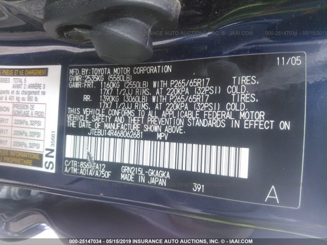 JTEBU14R468062681 - 2006 TOYOTA 4RUNNER SR5/SPORT BLUE photo 9