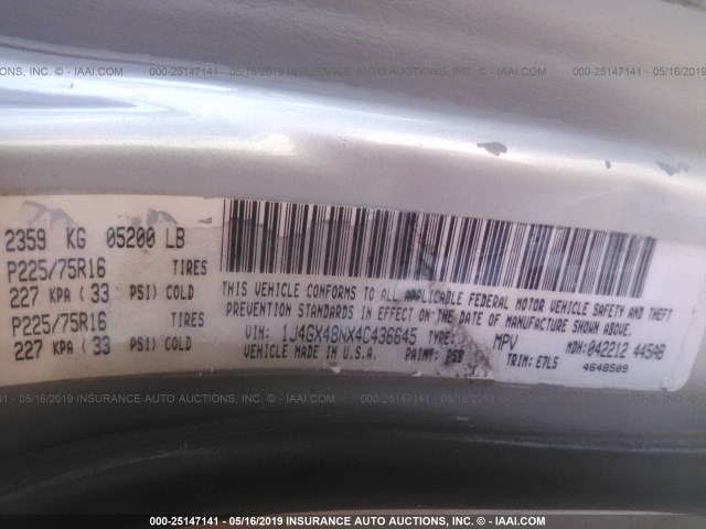 1J4GX48NX4C436645 - 2004 JEEP GRAND CHEROKEE LAREDO/COLUMBIA/FREEDOM 银色 照片 9