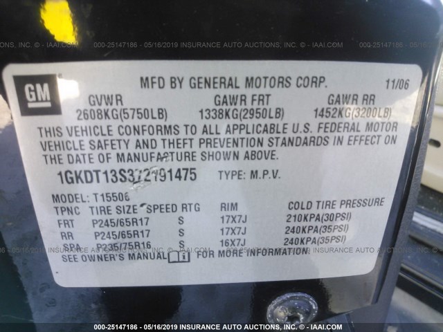 1GKDT13S372191475 - 2007 GMC ENVOY BLACK photo 9