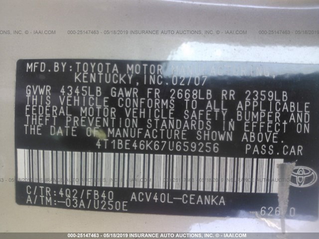 4T1BE46K67U659256 - 2007 TOYOTA CAMRY NEW GENERAT CE/LE/XLE/SE BEIGE photo 9