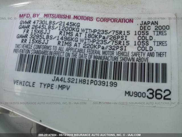 JA4LS21H81P039199 - 2001 MITSUBISHI MONTERO SPORT ES/SPORT LS WHITE photo 9