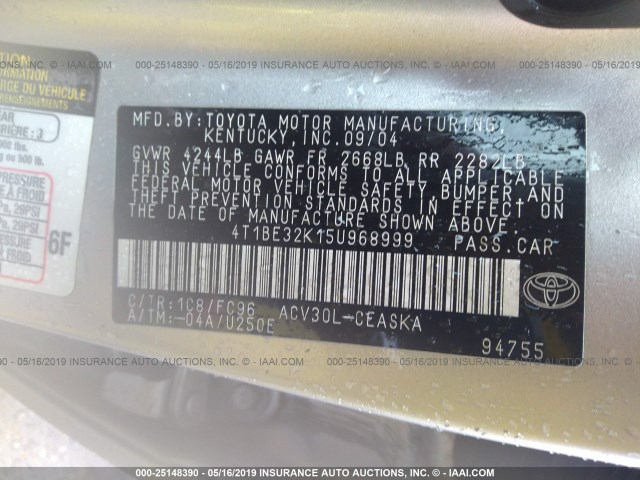 4T1BE32K15U968999 - 2005 TOYOTA CAMRY LE/XLE/SE SILVER photo 9