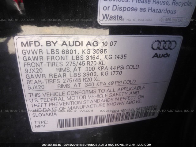 WA1BY74L68D028608 - 2008 AUDI Q7 3.6 QUATTRO PREMIUM BLACK photo 9