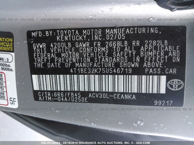 4T1BE32K75U546719 - 2005 TOYOTA CAMRY LE/XLE/SE GRAY photo 9