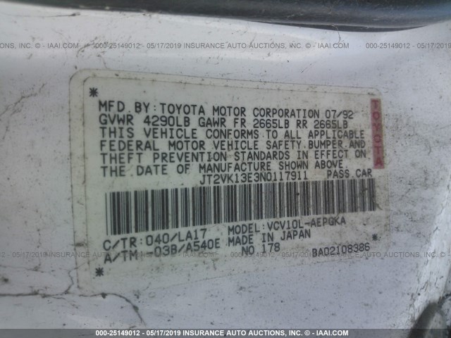 JT2VK13E3N0117911 - 1992 TOYOTA CAMRY XLE WHITE photo 9