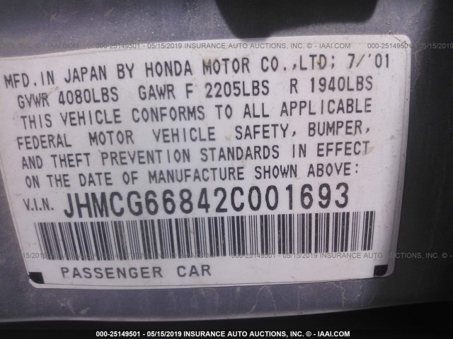 JHMCG66842C001693 - 2002 HONDA ACCORD EX/SE SILVER photo 9