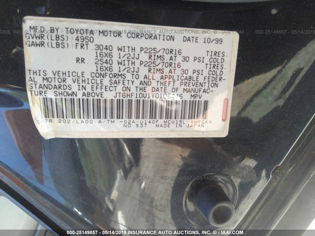 JT6HF10U1Y0108446 - 2000 LEXUS RX 300 BLACK photo 9