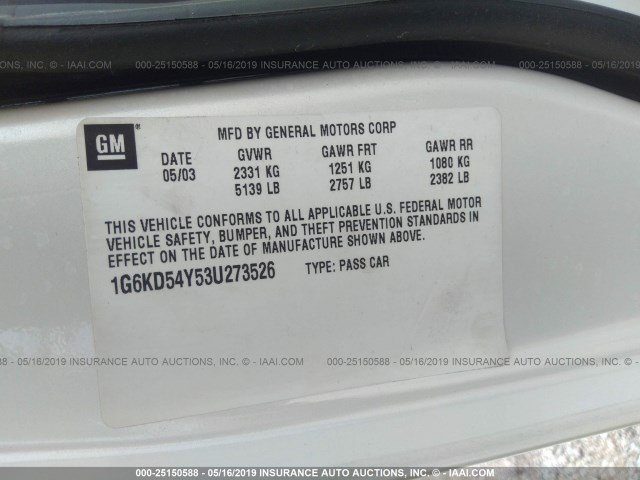 1G6KD54Y53U273526 - 2003 CADILLAC DEVILLE 白色 照片 9