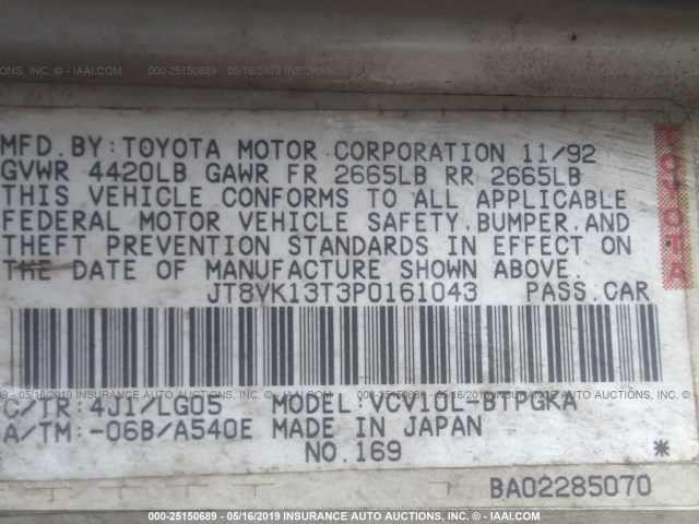 JT8VK13T3P0161043 - 1993 LEXUS ES 300 GOLD photo 9