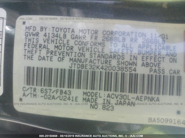 JTDBE32K420038554 - 2002 TOYOTA CAMRY LE/XLE/SE GREEN photo 9