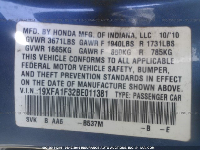 19XFA1F32BE011381 - 2011 HONDA CIVIC VP BLUE photo 9