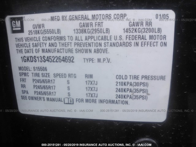 1GKDS13S452264692 - 2005 GMC ENVOY BLACK photo 9