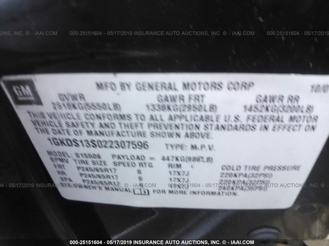 1GKDS13S022307596 - 2002 GMC ENVOY BLACK photo 9