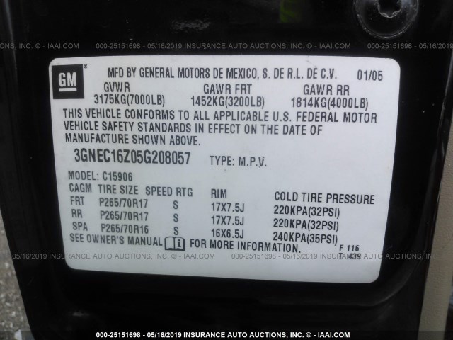 3GNEC16Z05G208057 - 2005 CHEVROLET SUBURBAN C1500 BLACK photo 9