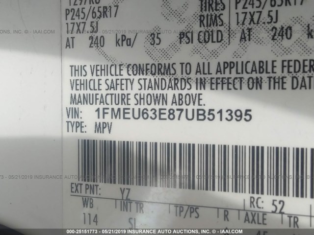 1FMEU63E87UB51395 - 2007 FORD EXPLORER XLT WHITE photo 9