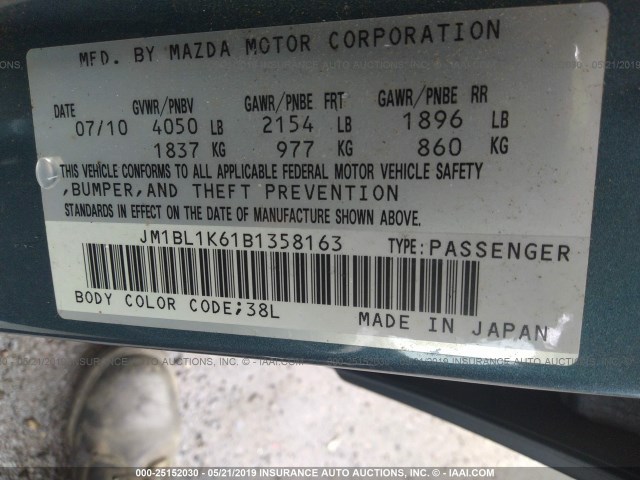 JM1BL1K61B1358163 - 2011 MAZDA 3 S BLUE photo 9