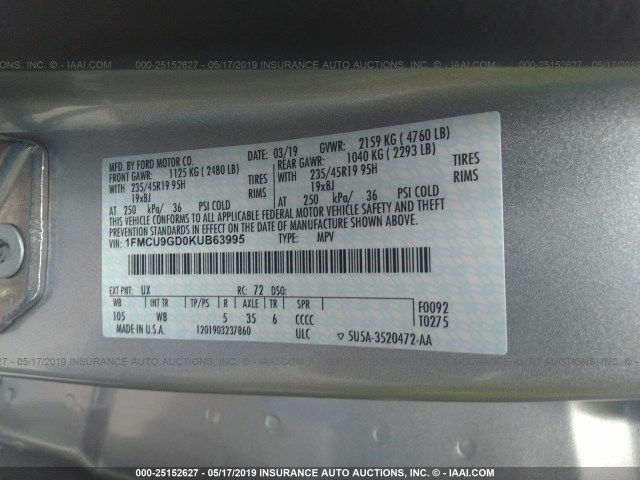 1FMCU9GD0KUB63995 - 2019 FORD ESCAPE SE SILVER photo 9