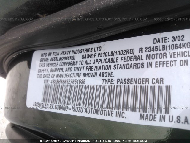 4S3BH686527651535 - 2002 SUBARU LEGACY OUTBACK LIMITED GREEN photo 9