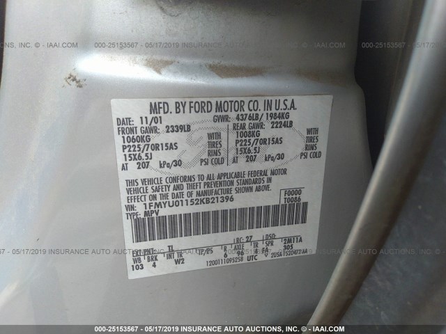 1FMYU01152KB21396 - 2002 FORD ESCAPE XLS SILVER photo 9