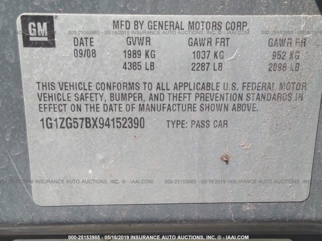 1G1ZG57BX94152390 - 2009 CHEVROLET MALIBU LS GRAY photo 9
