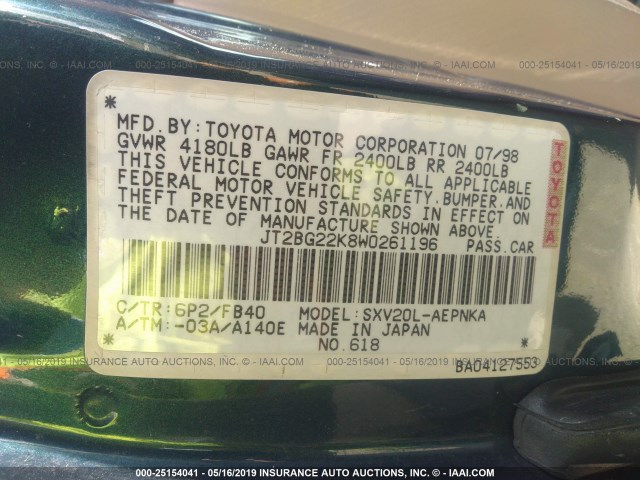 JT2BG22K8W0261196 - 1998 TOYOTA CAMRY CE/LE/XLE GREEN photo 9