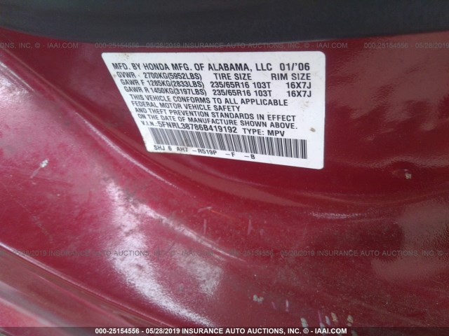 5FNRL38786B419192 - 2006 HONDA ODYSSEY EXL MAROON photo 9