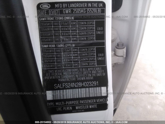 SALFS24N28H023291 - 2008 LAND ROVER LR2 SE TECHNOLOGY WHITE photo 9