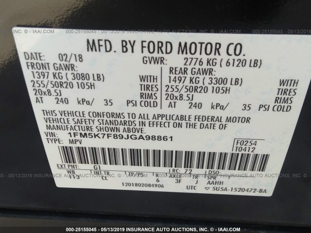 1FM5K7F89JGA98861 - 2018 FORD EXPLORER LIMITED BLACK photo 9