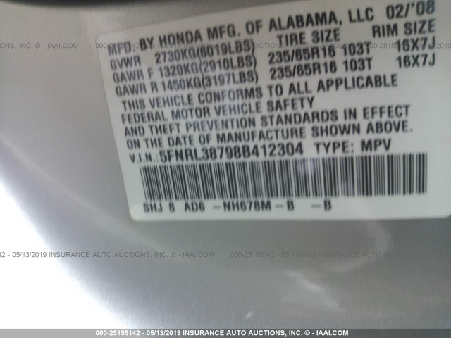 5FNRL38798B412304 - 2008 HONDA ODYSSEY EXL SILVER photo 9