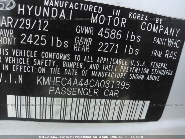 KMHEC4A44CA031395 - 2012 HYUNDAI SONATA HYBRID WHITE photo 9