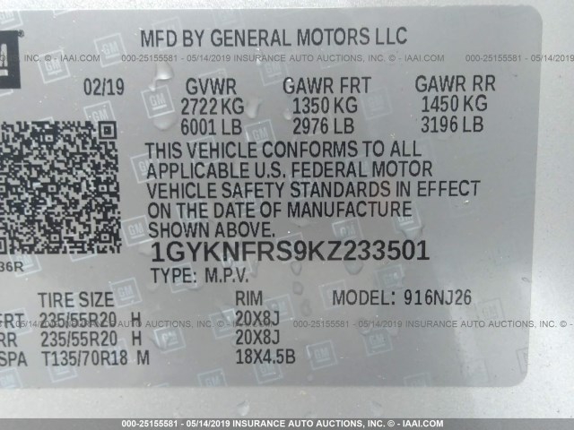 1GYKNFRS9KZ233501 - 2019 CADILLAC XT5 PREMIUM LUXURY SILVER photo 9