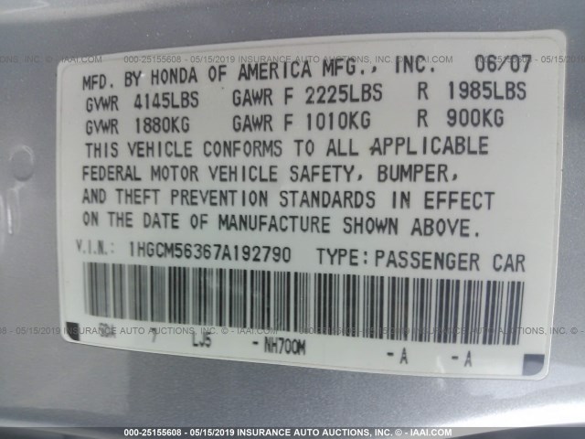 1HGCM56367A192790 - 2007 HONDA ACCORD SE SILVER photo 9