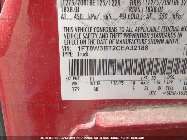 1FT8W3BT2CEA32188 - 2012 FORD F350 RED photo 9