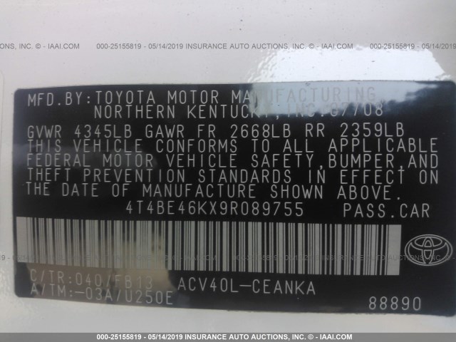 4T4BE46KX9R089755 - 2009 TOYOTA CAMRY SE/LE/XLE WHITE photo 9