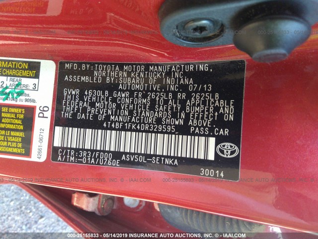 4T4BF1FK4DR329595 - 2013 TOYOTA CAMRY L/SE/LE/XLE RED photo 9