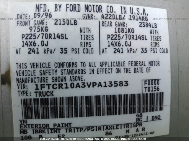 1FTCR10A3VPA13583 - 1997 FORD RANGER SILVER photo 9
