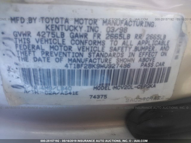 4T1BF28K9WU927486 - 1998 TOYOTA CAMRY CE/LE/XLE GOLD photo 9