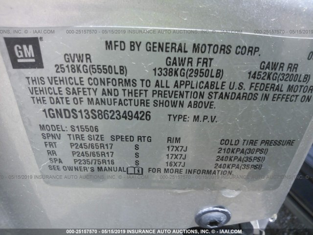 1GNDS13S862349426 - 2006 CHEVROLET TRAILBLAZER LS/LT SILVER photo 9