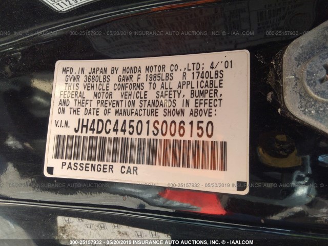 JH4DC44501S006150 - 2001 ACURA INTEGRA LS BLACK photo 9