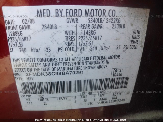 2FMDK38C98BA70291 - 2008 FORD EDGE SEL RED photo 9