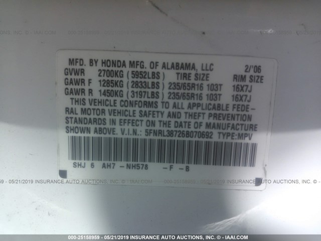 5FNRL38726B070692 - 2006 HONDA ODYSSEY EXL WHITE photo 9