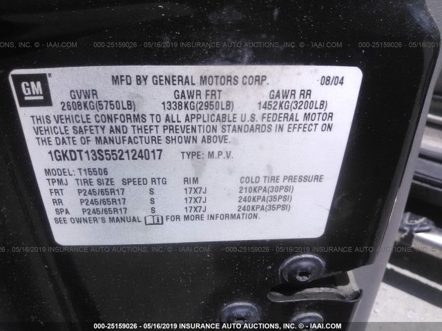 1GKDT13S552124017 - 2005 GMC ENVOY GRAY photo 9